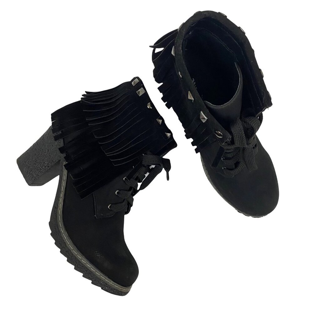 Nature Breeze Lace Up Heeled Boots Black Fringe Studded Booties Womens 8